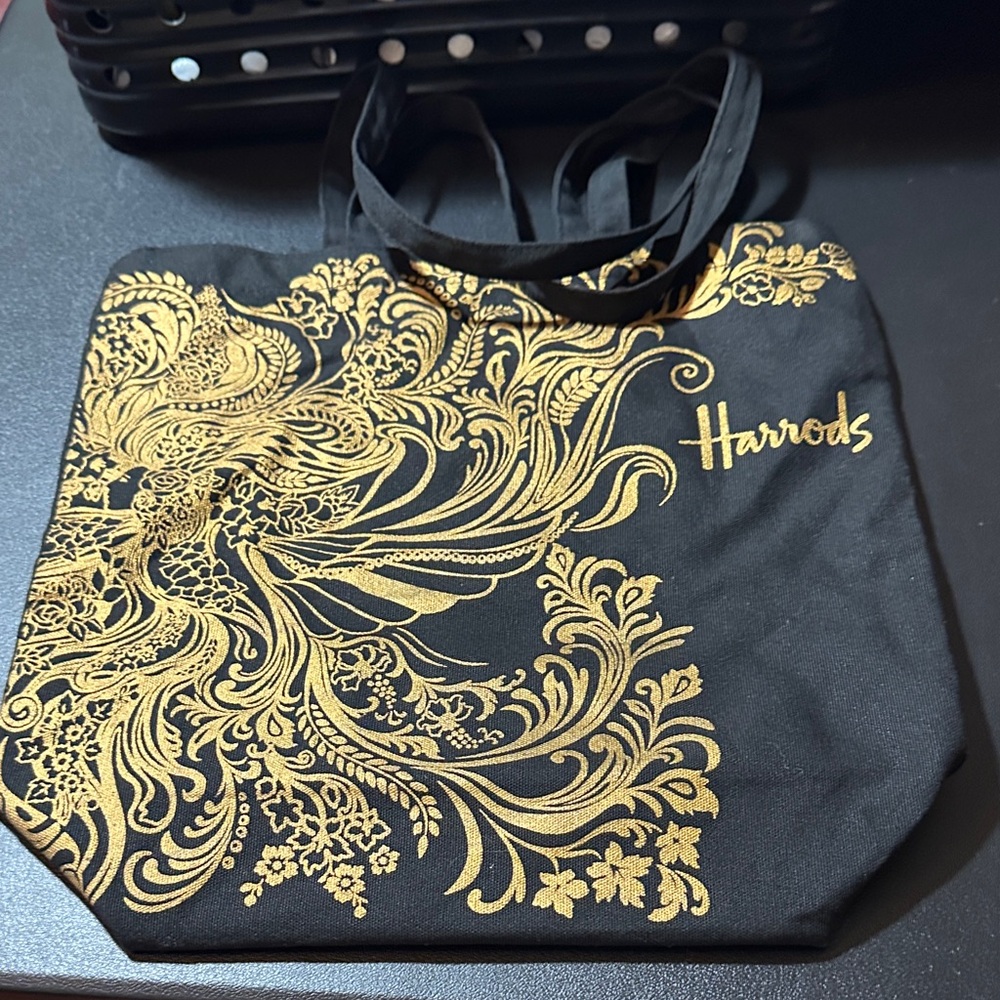 Harrods Black Tote with Gold Floral Design